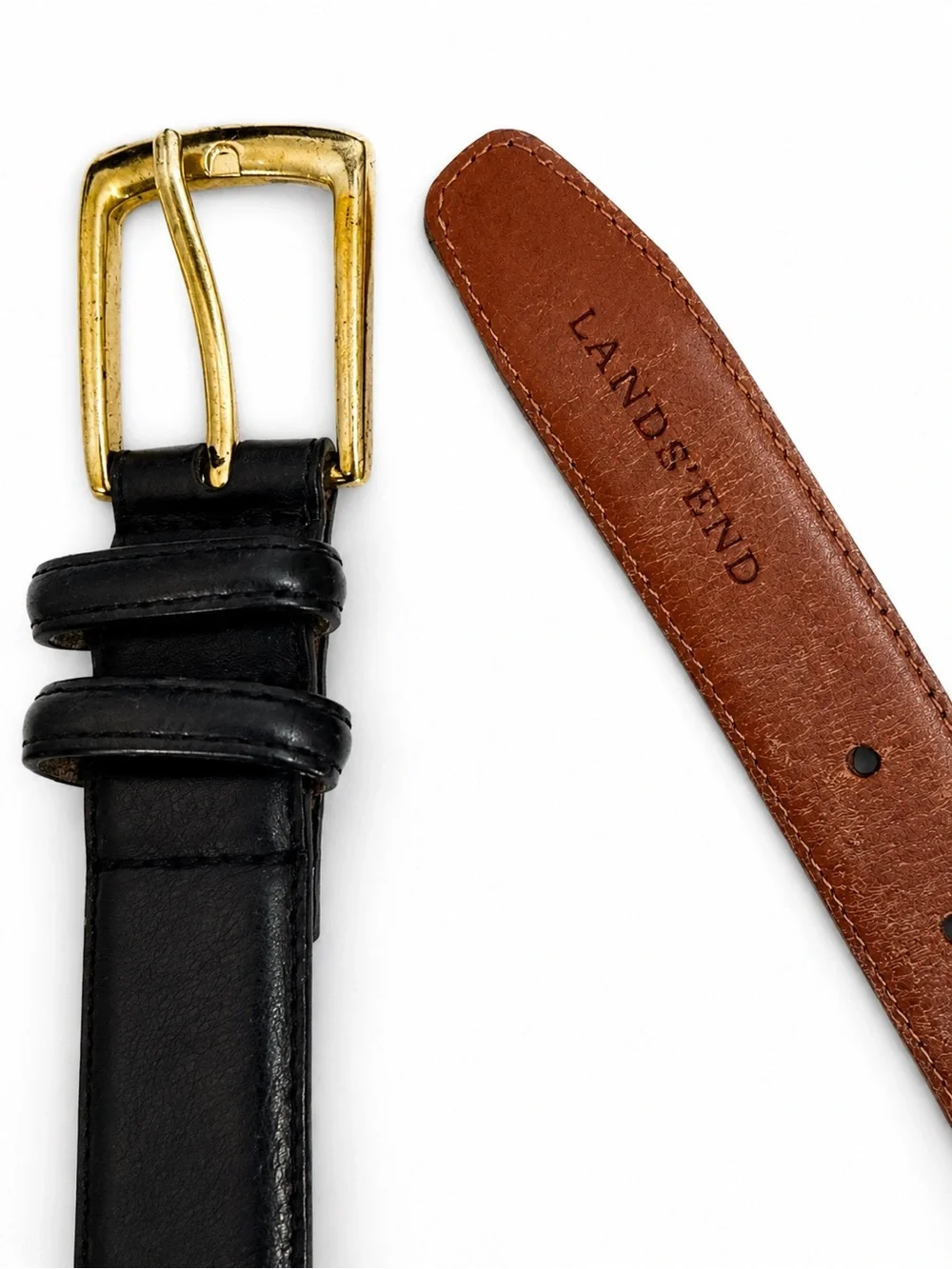 Lands’ End Black Timeless Leather Belt Brass Buckle Classic Dress Casual Size 34